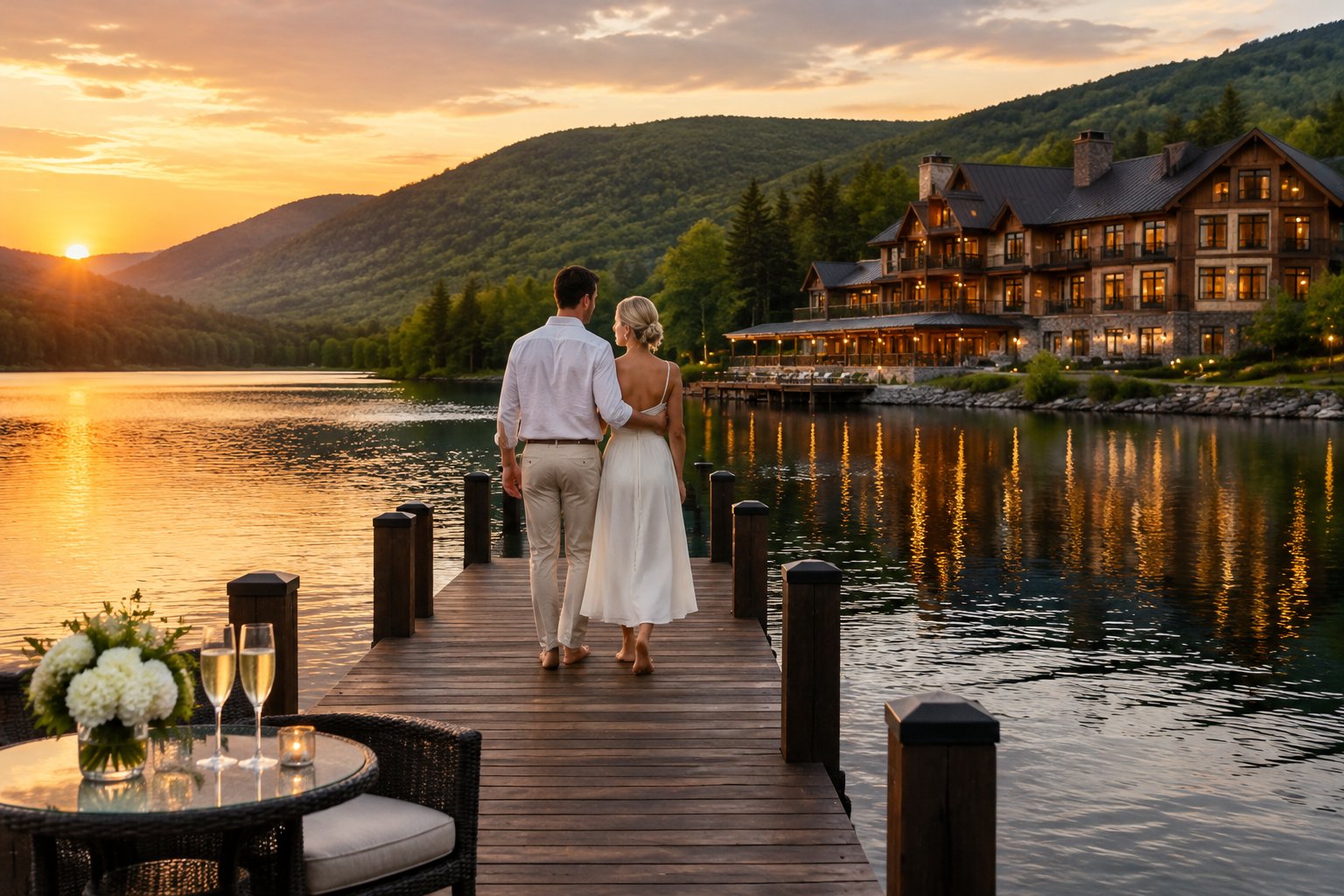 A couple walks along a lakeside dock at a resort surrounded by wooded mountains.