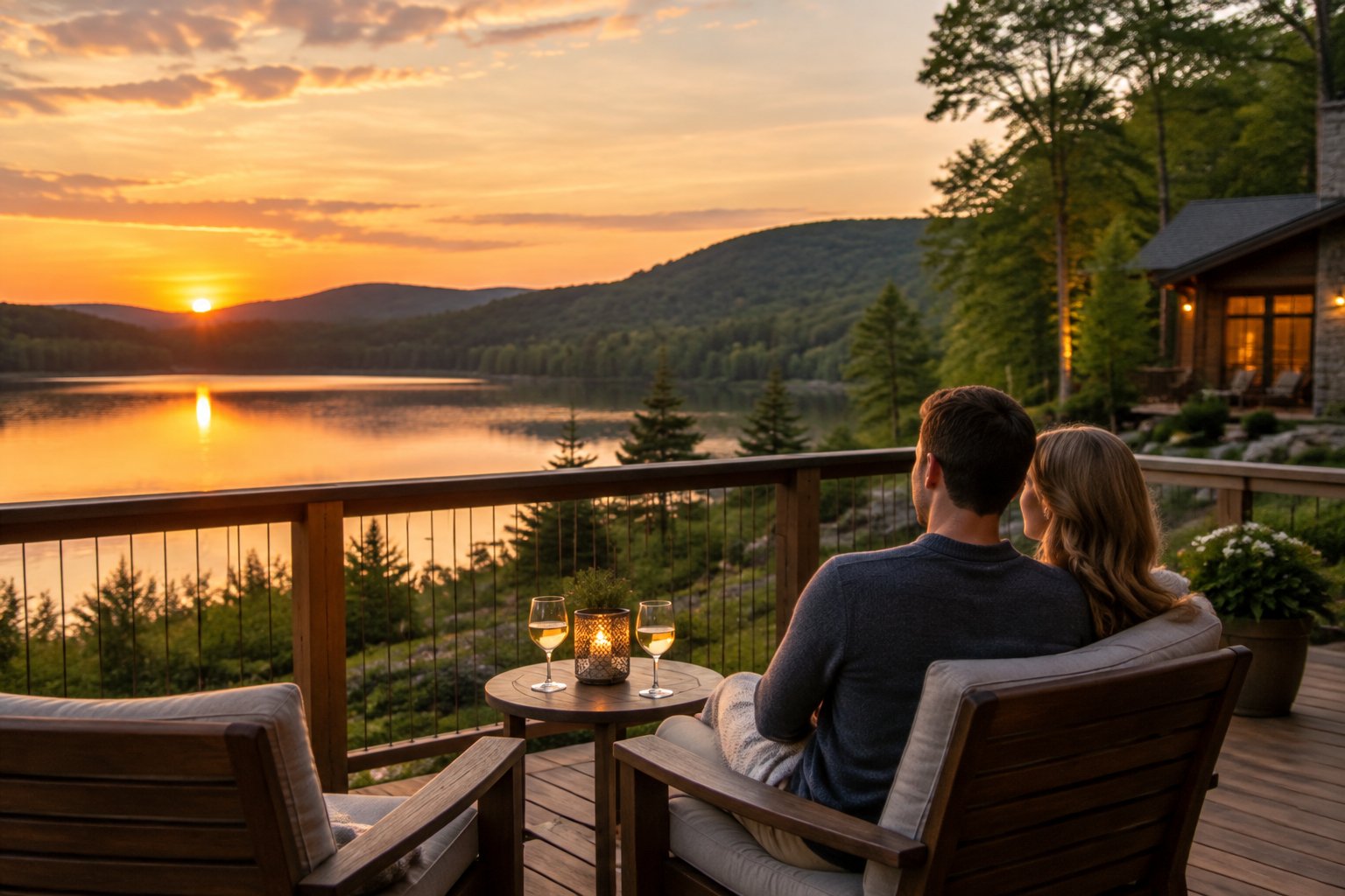 A couple sits together on a resort deck overlooking a mountain lake at sunset.