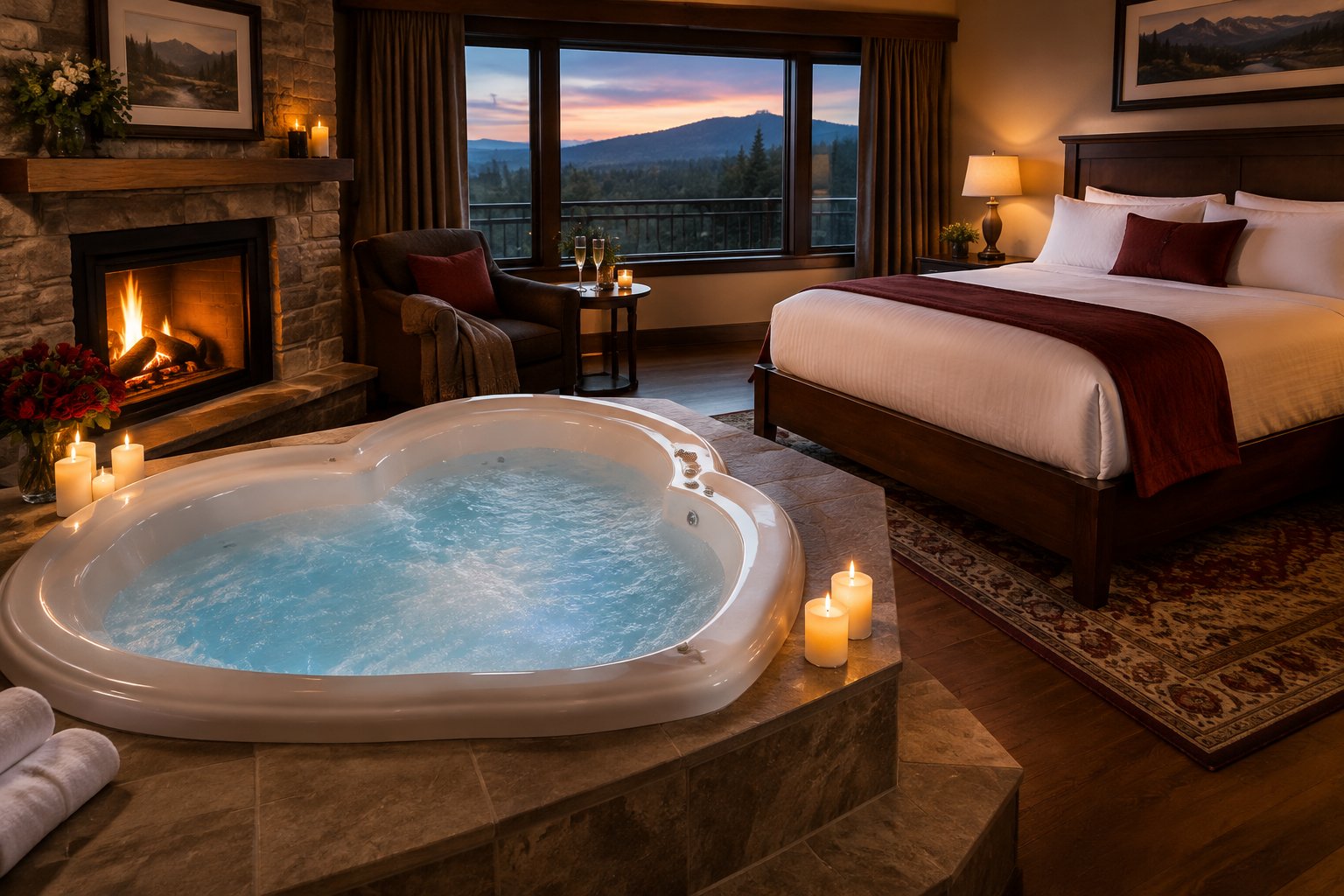 A candlelit honeymoon suite with a heart-shaped whirlpool tub, fireplace, and forested mountain view.