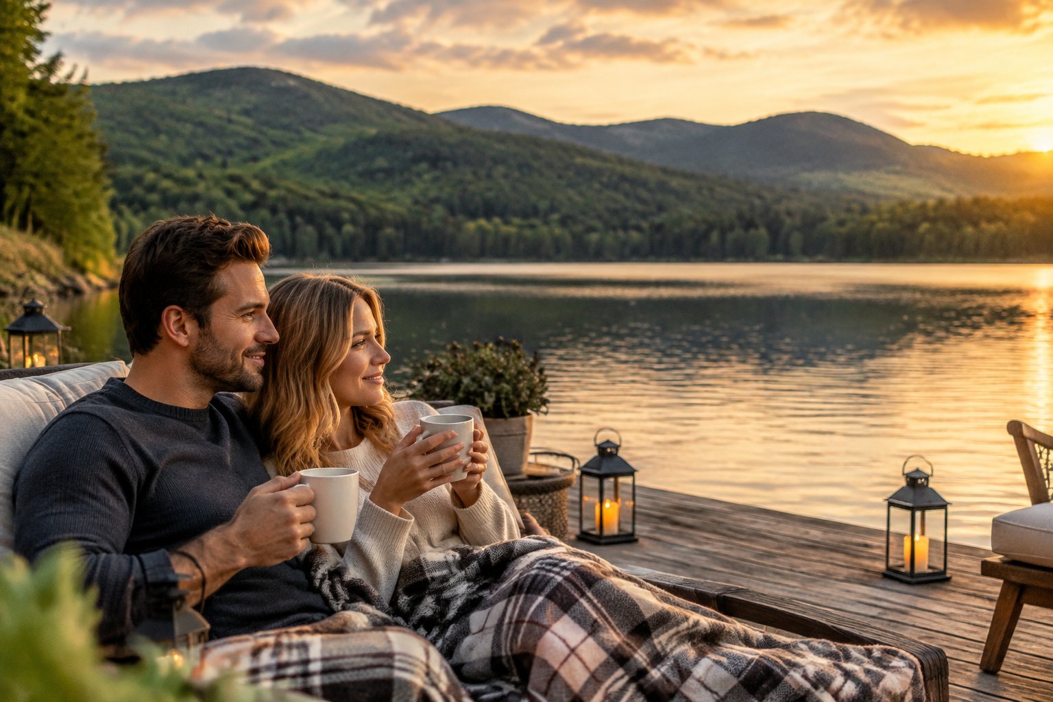 A couple shares a quiet moment beside a lake in the mountains.