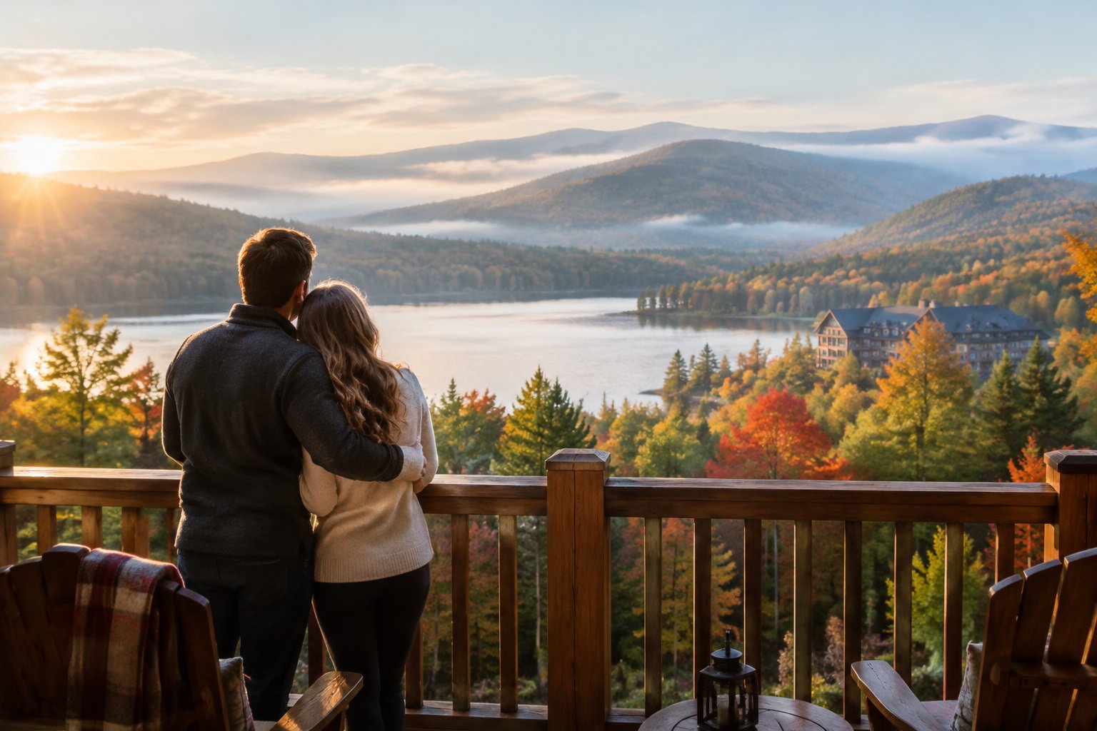 A couple on a resort balcony overlooking a lake and forested mountains.
