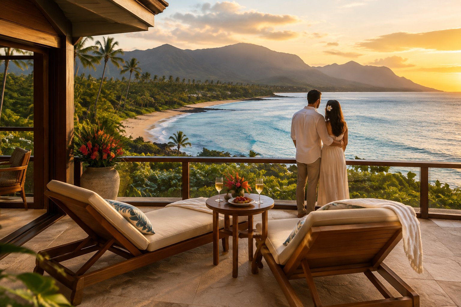 A couple stands together on a resort lanai overlooking a tropical beach.