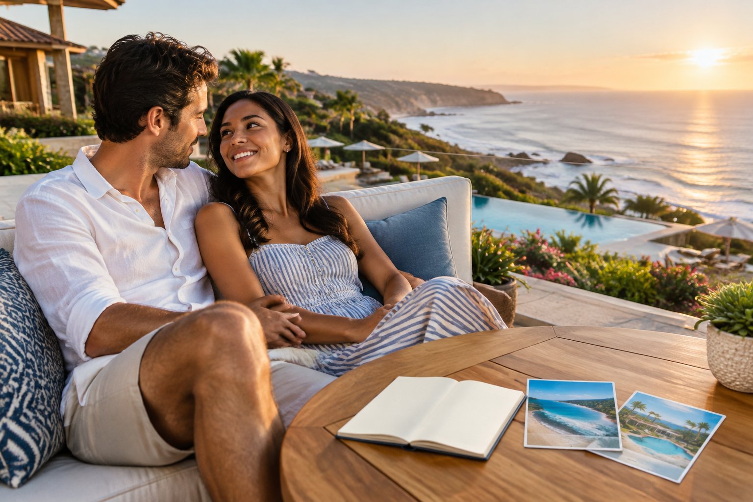 A newlywed couple relaxes on a resort terrace overlooking the coast.