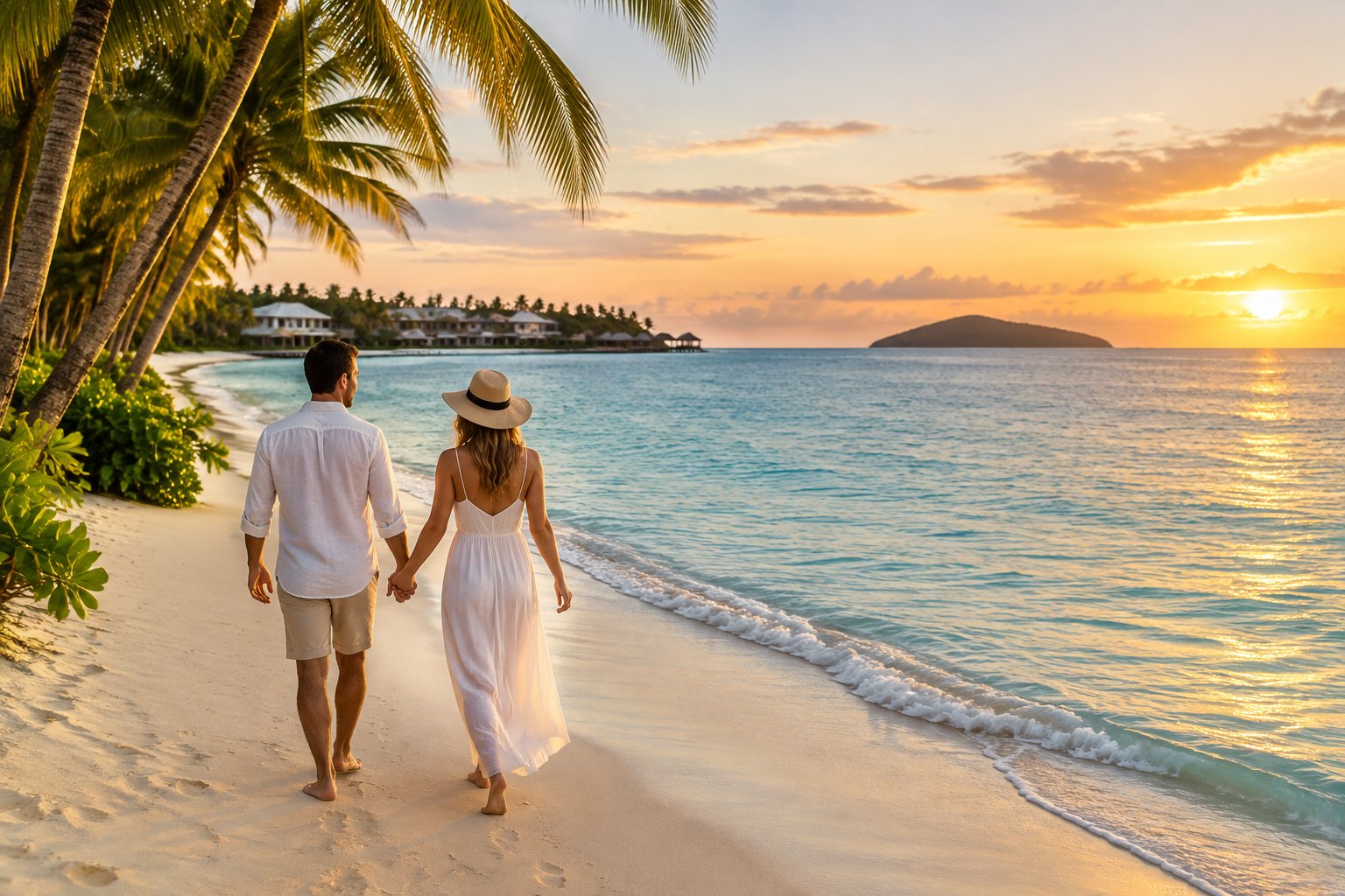 A couple walks hand in hand along a tropical beach near a coastal resort.