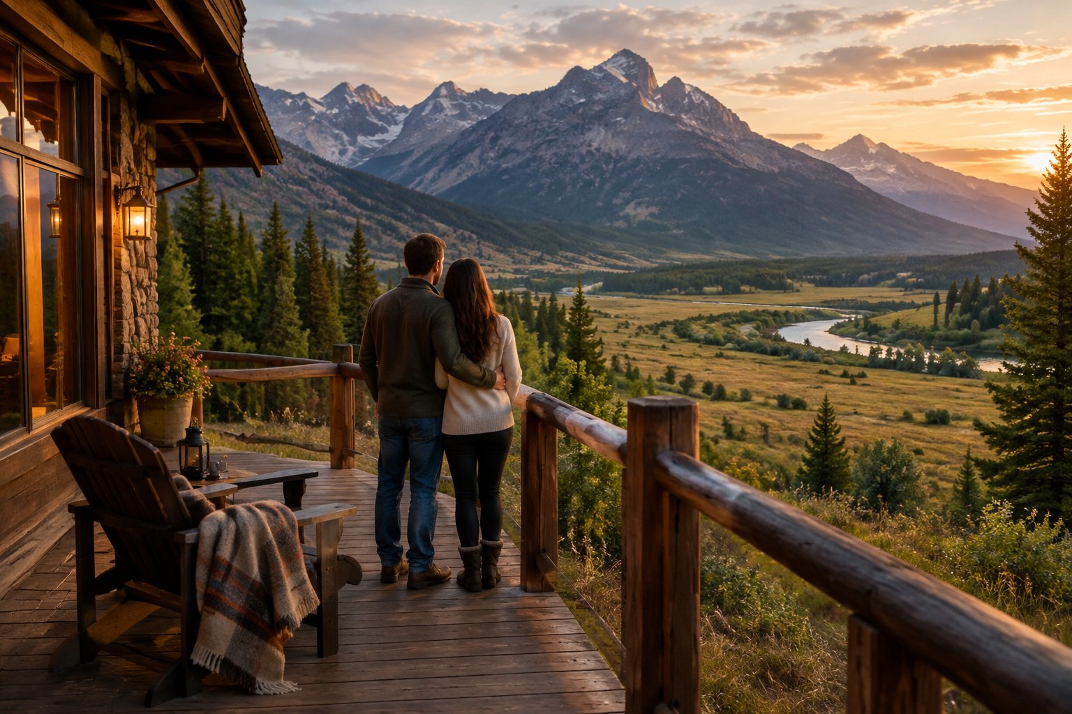 A couple stands on a secluded lodge porch overlooking a mountain valley.