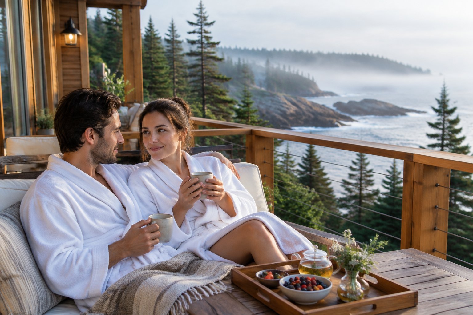 A couple relaxes on a coastal inn terrace overlooking the Atlantic.
