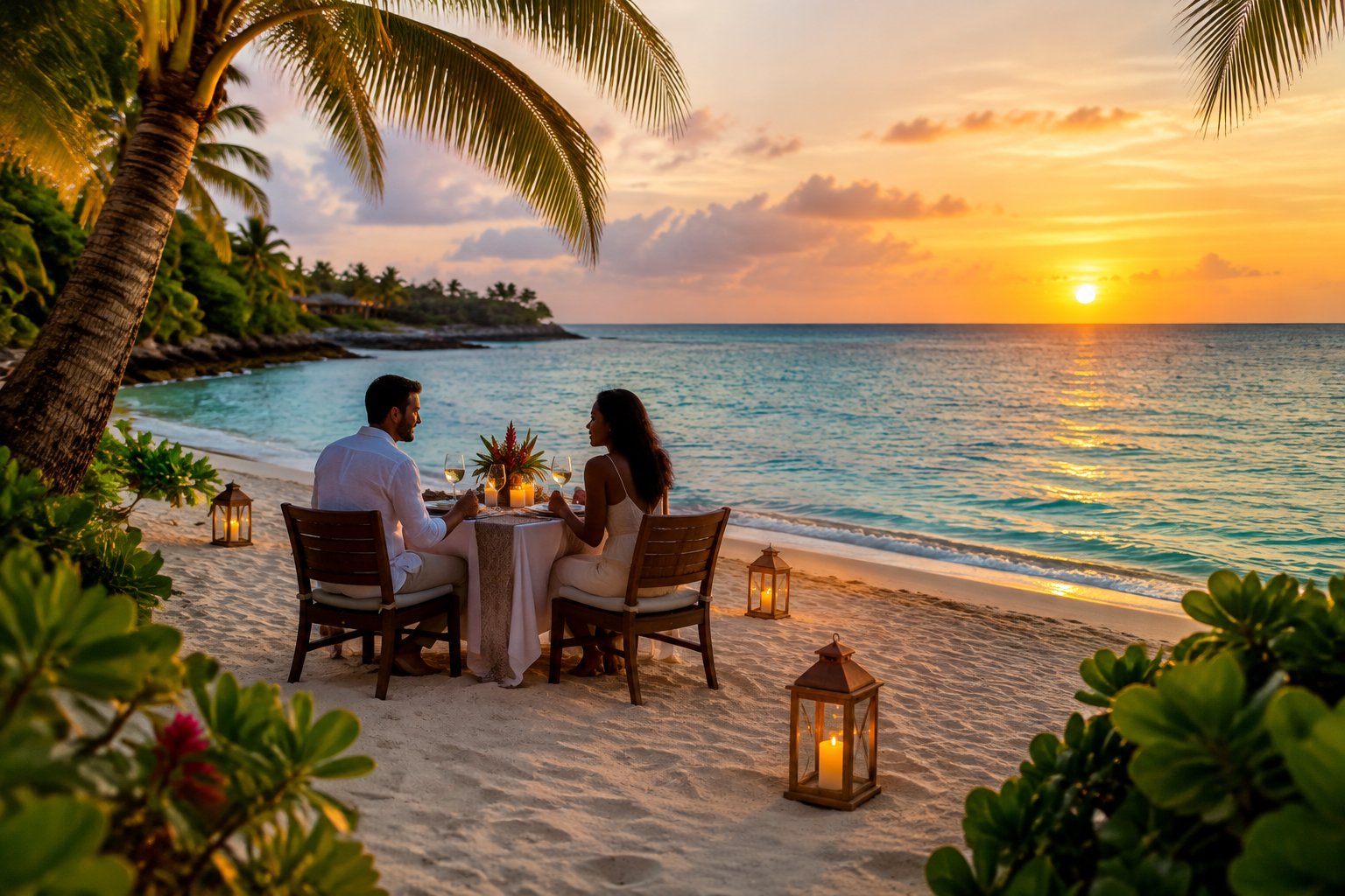 A couple shares a candlelit dinner on a quiet Jamaican beach at sunset.