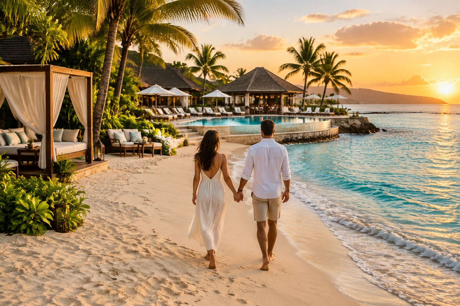 A couple walks hand in hand along a tropical beach beside a resort.