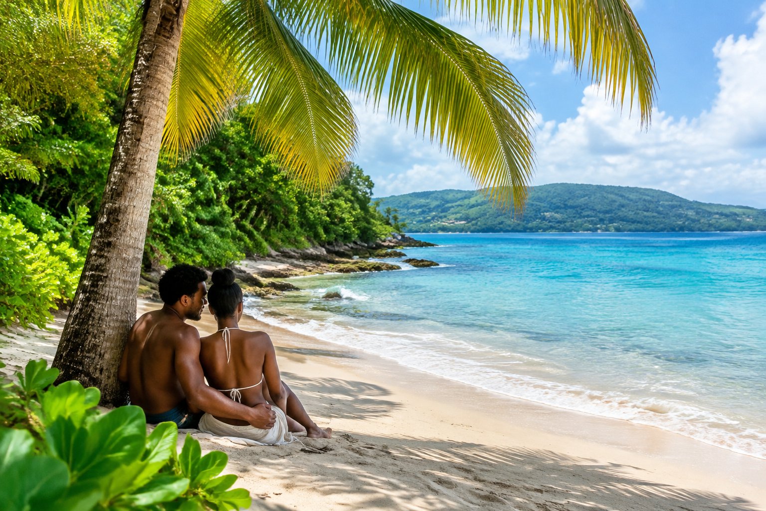 A couple enjoys a quiet moment together on a secluded beach in Jamaica.