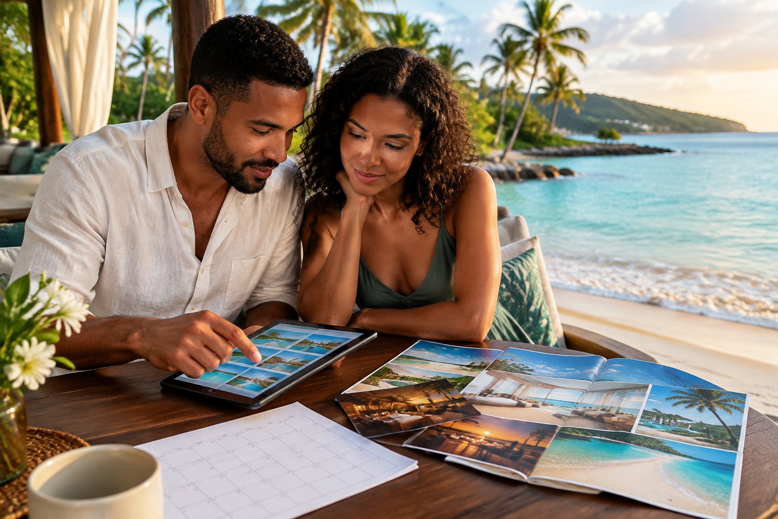 A couple compares resort options at a beachfront table in Jamaica.