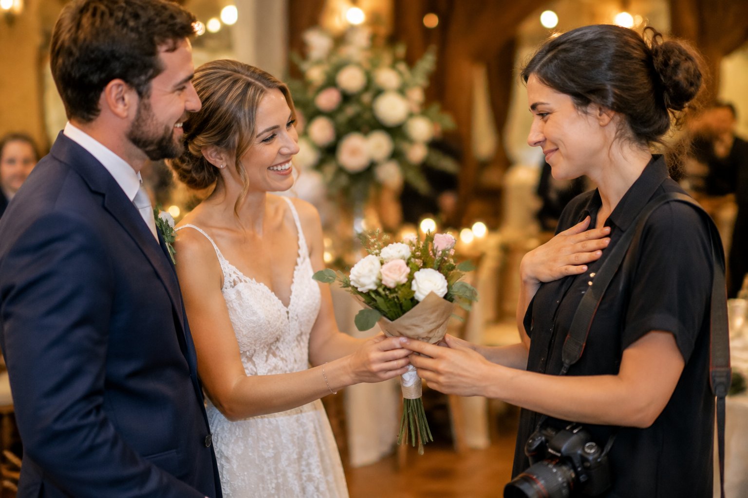 A newly married couple gives a bouquet to their wedding photographer.