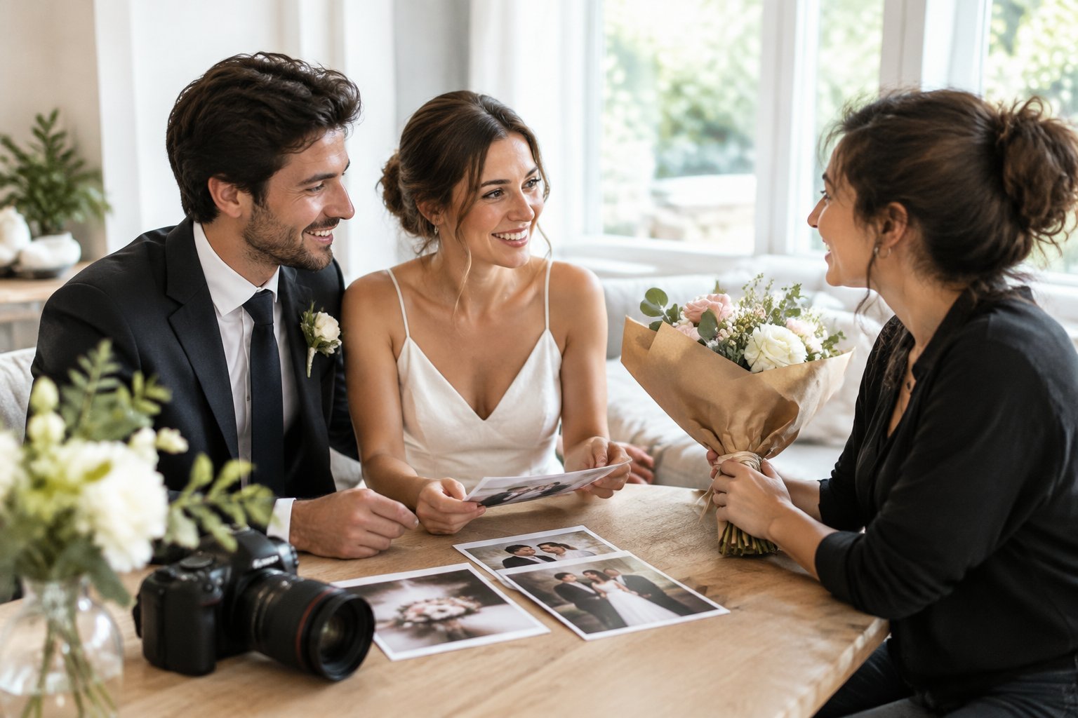 A newly married couple thanks their photographer while looking through wedding photos.