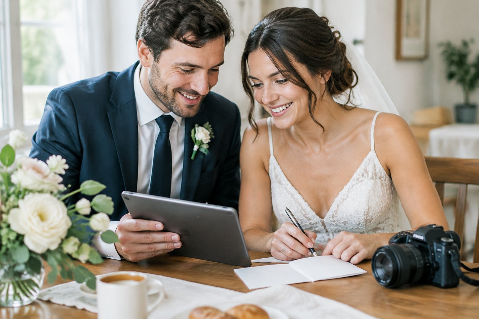 A newly married couple reviews wedding photos together at a table.