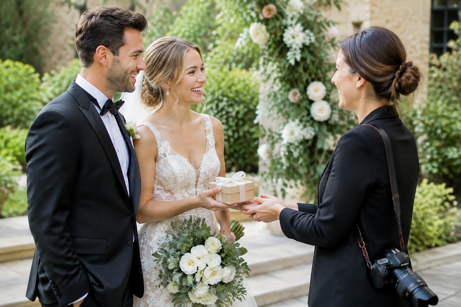 A newlywed couple thanks their wedding photographer in a garden.