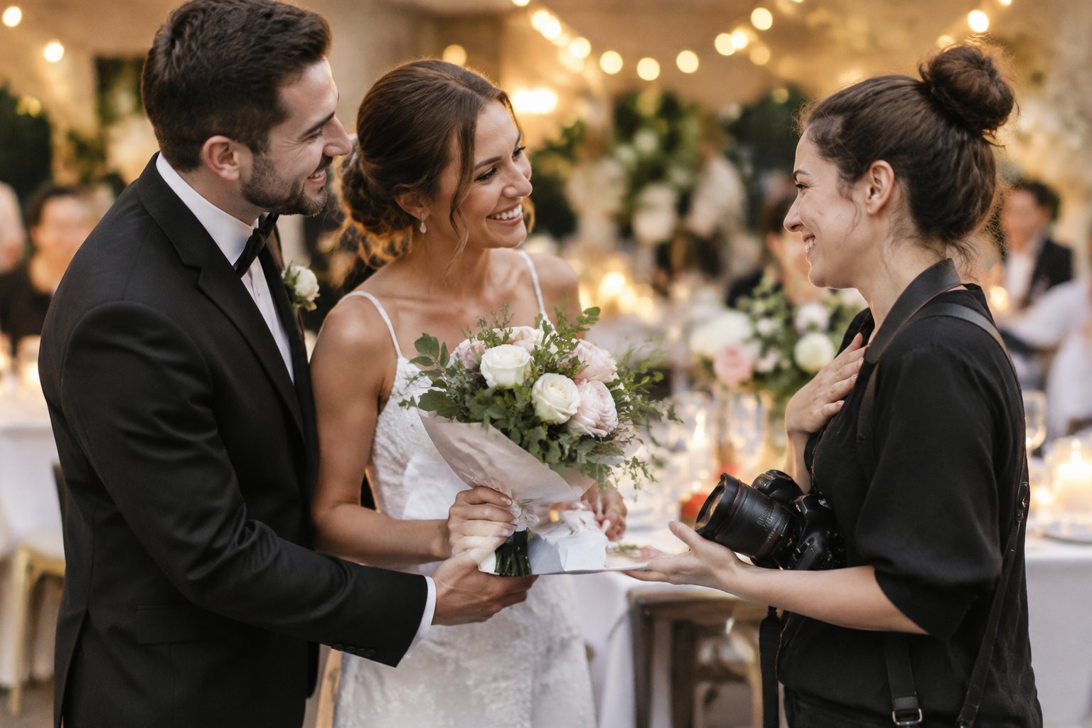 A newly married couple thanks their wedding photographer with a small gift.