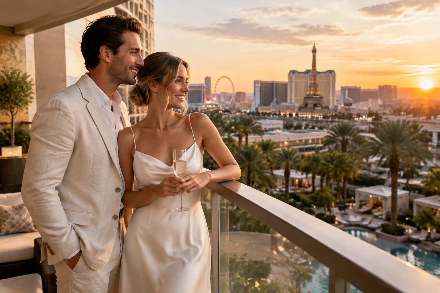 A couple relaxes on a resort balcony overlooking Las Vegas.