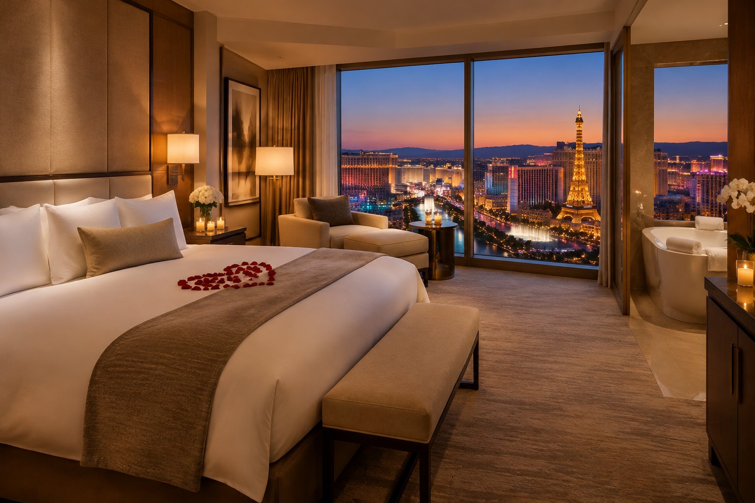 A romantic hotel suite with a king-size bed and a view of the Las Vegas Strip at dusk.