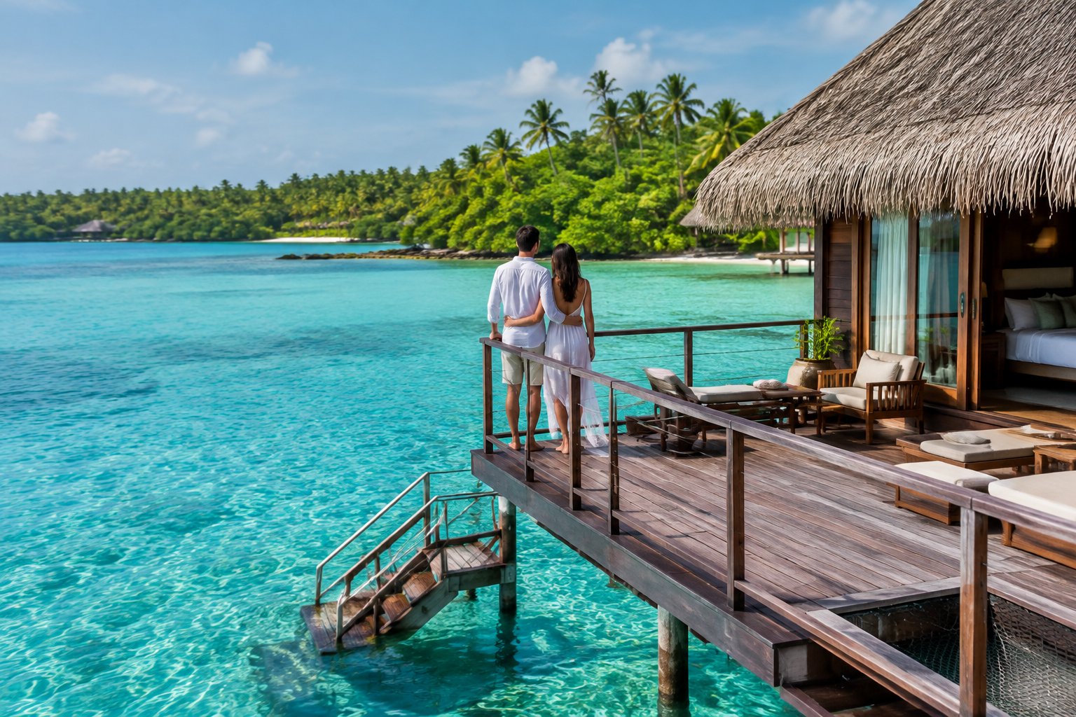 A couple admires a tropical lagoon from the deck of an overwater resort villa.