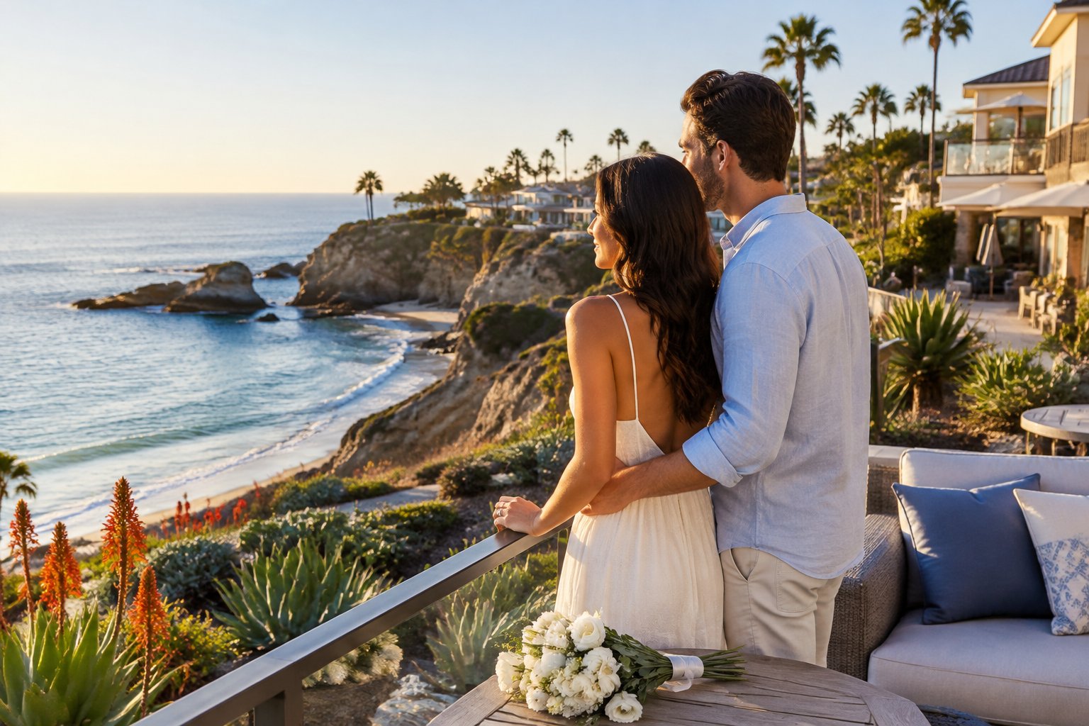 A newlywed couple stands on a resort terrace overlooking a Laguna Beach cove.
