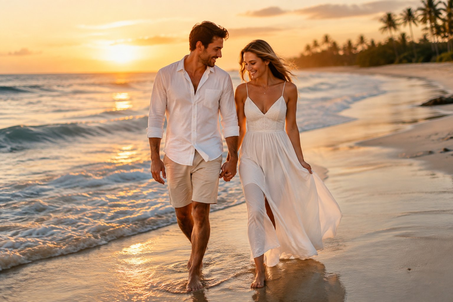 A newlywed couple walks hand in hand along a tropical beach.