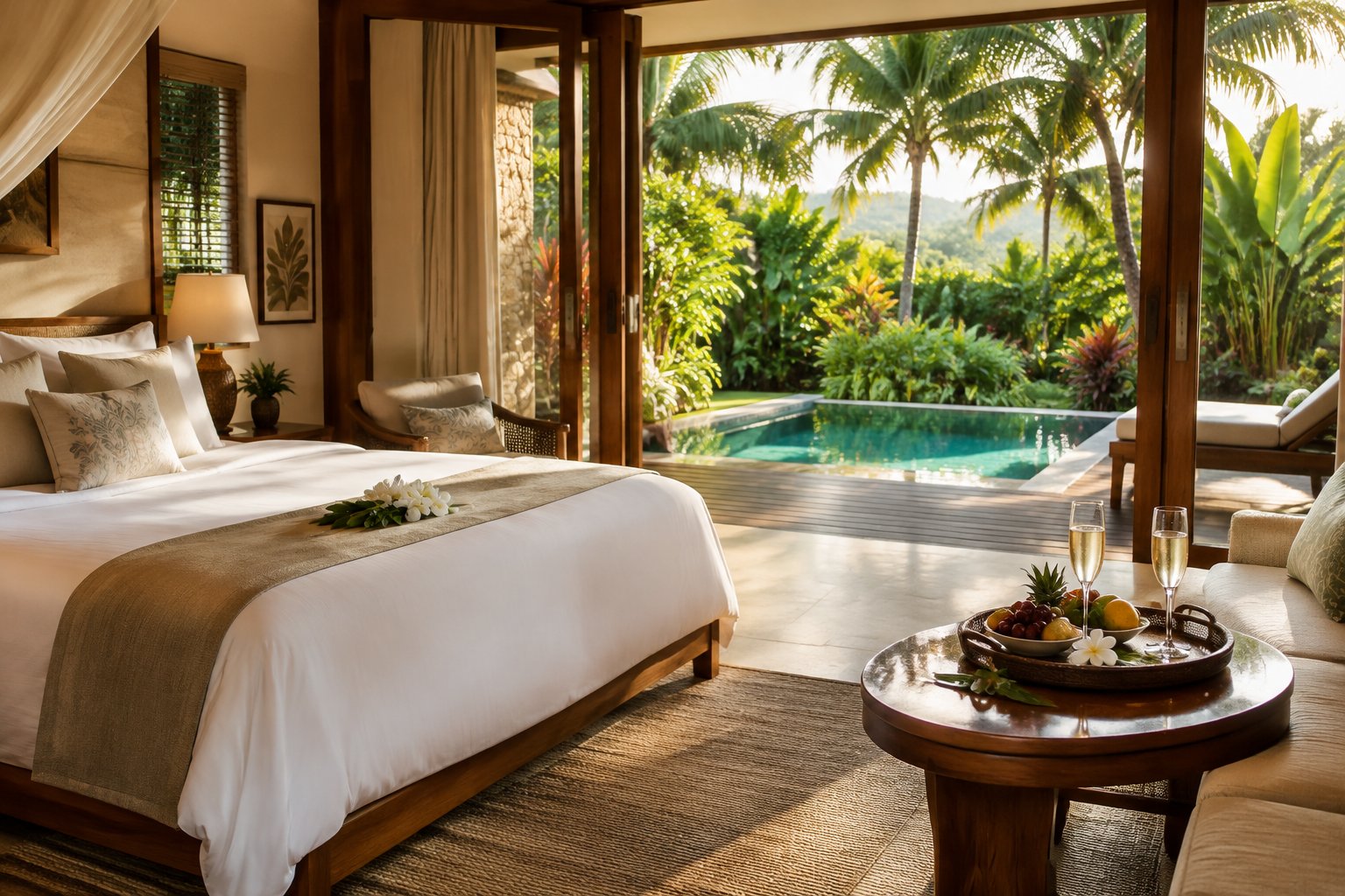 A romantic resort suite opens onto a tropical garden and private pool.
