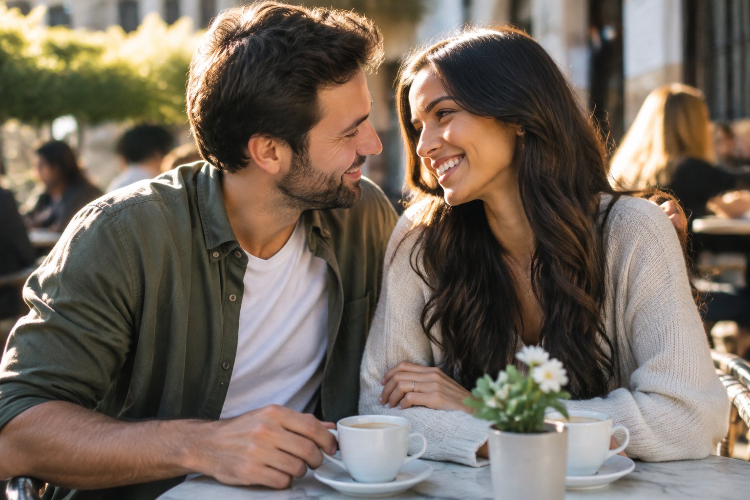 A couple smiles at each other across an outdoor café table.