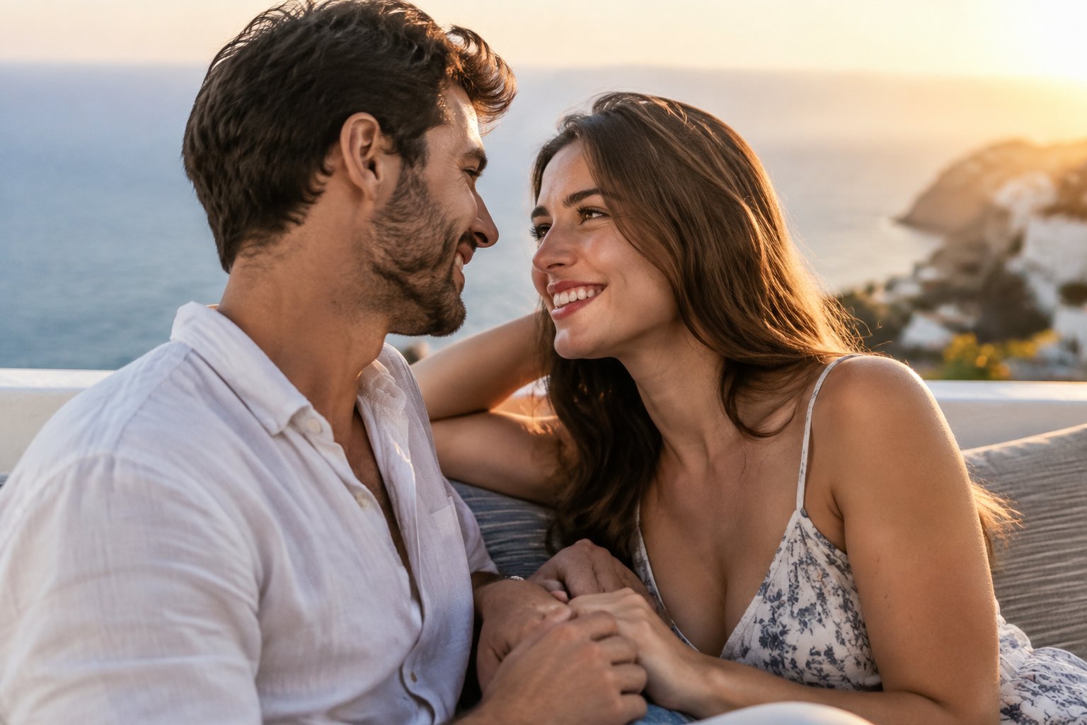 A couple shares a warm, affectionate moment on a seaside terrace.