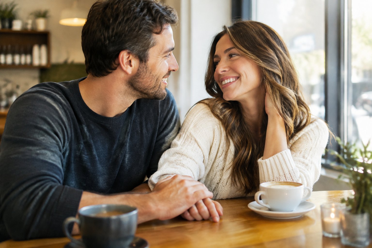 A smiling couple sits close together at a café and reaches for each other's hands.
