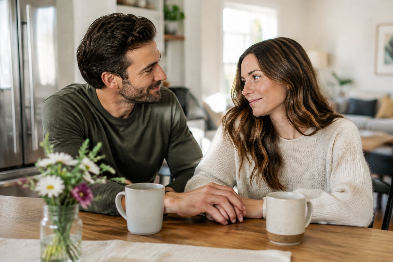 A couple shares a quiet, affectionate moment at their kitchen table.