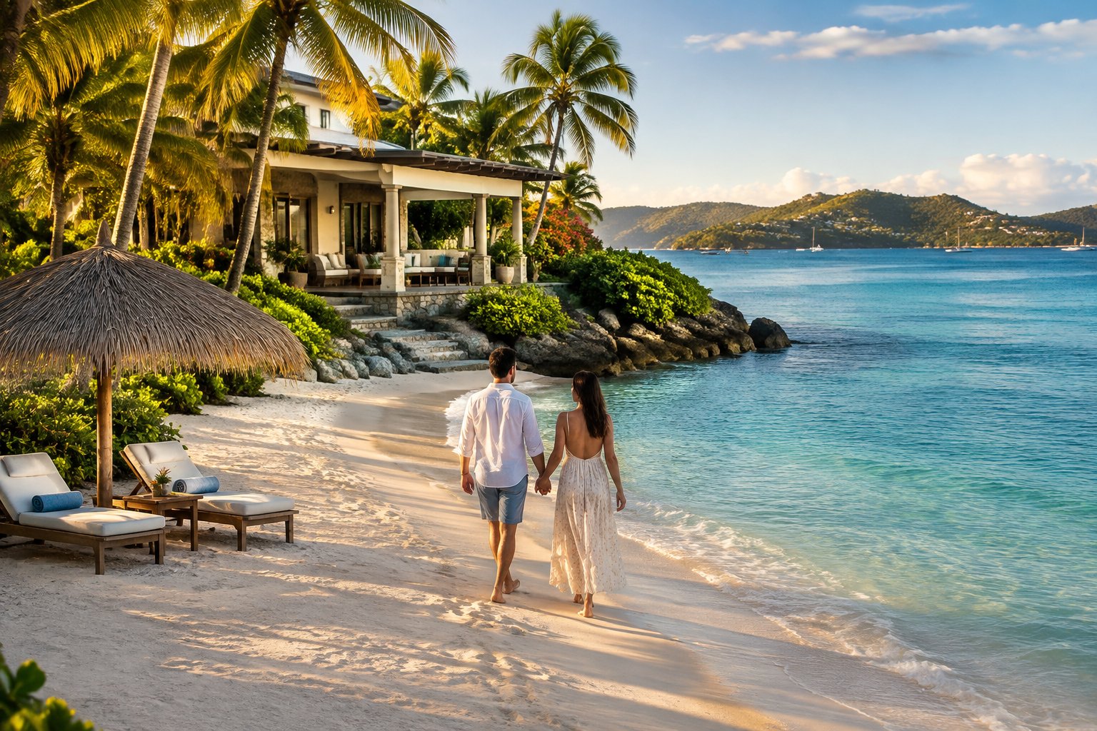 A couple walks hand in hand along a tropical beach beside a resort.