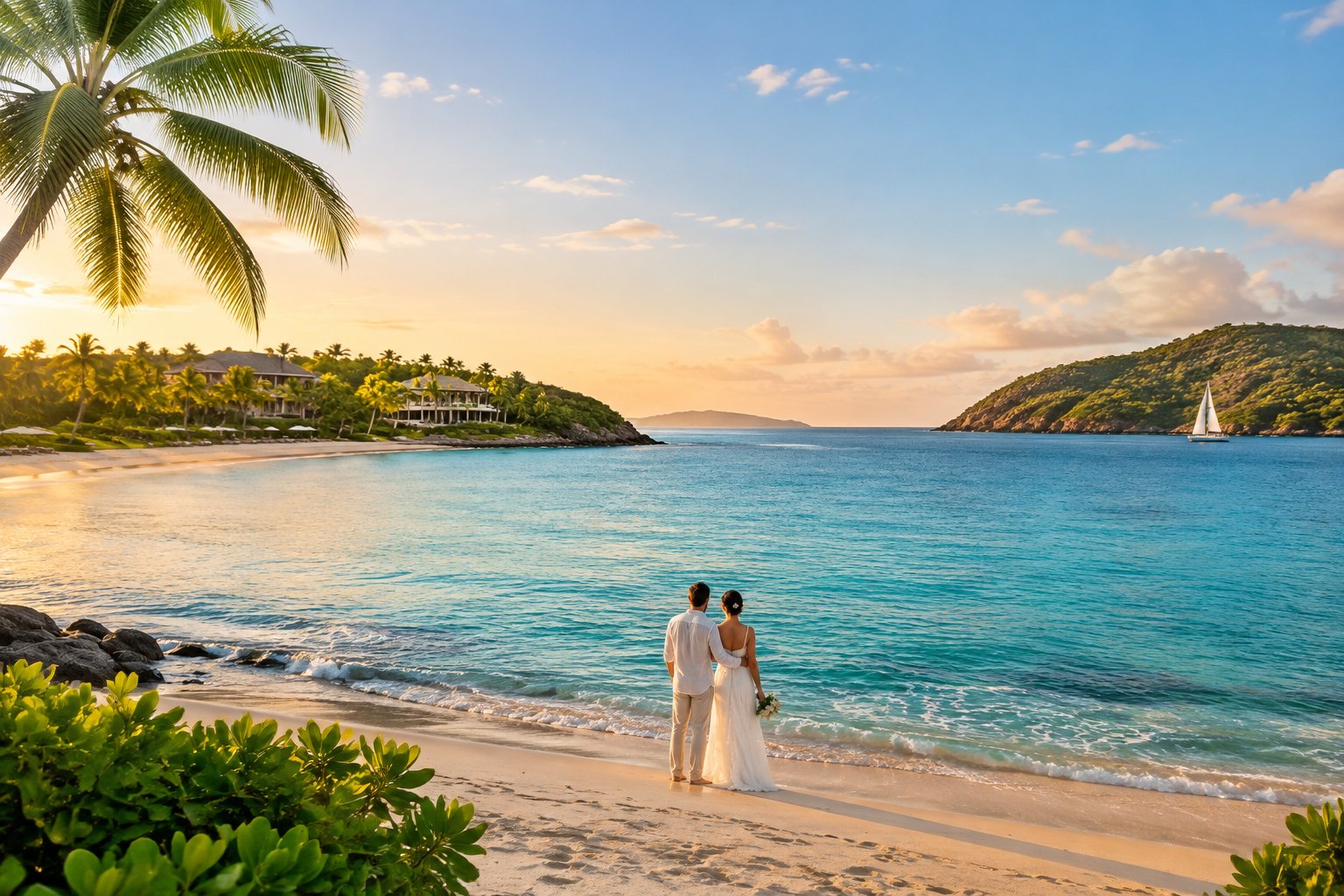 A newlywed couple looks across turquoise water toward two tropical island coastlines.