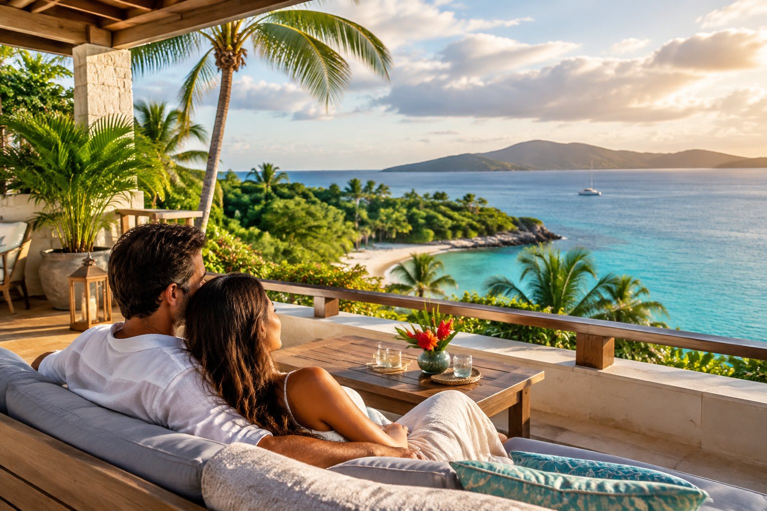 A couple relaxes on a tropical resort terrace overlooking a Caribbean beach.