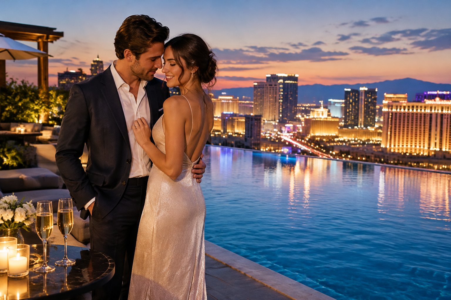 A newlywed couple stands beside a rooftop pool overlooking the Las Vegas skyline.