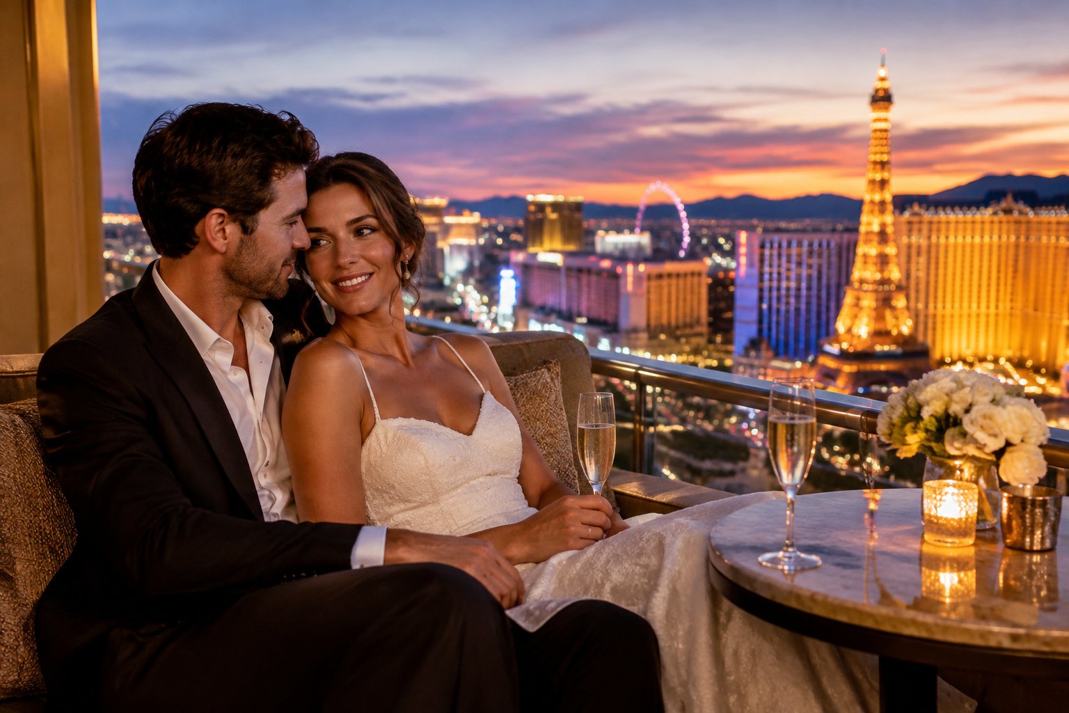 A couple shares a romantic moment on a terrace overlooking the Las Vegas Strip.