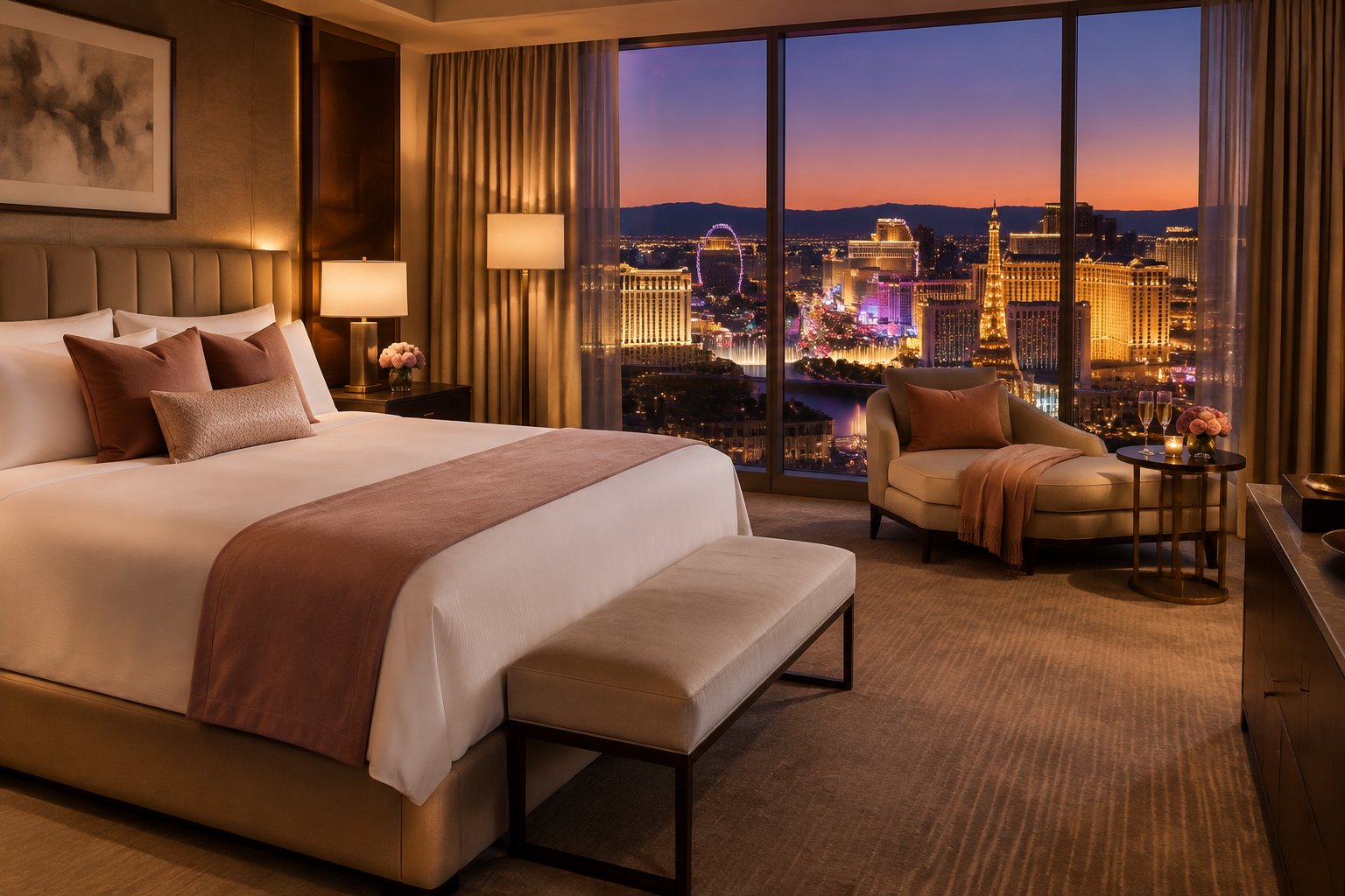 A romantic hotel suite overlooking the illuminated Las Vegas Strip.