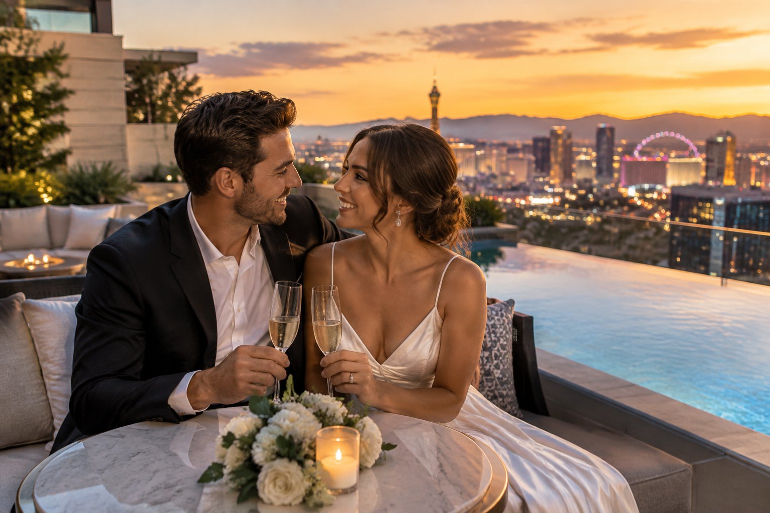 A newlywed couple shares a romantic moment on a rooftop terrace overlooking Las Vegas.