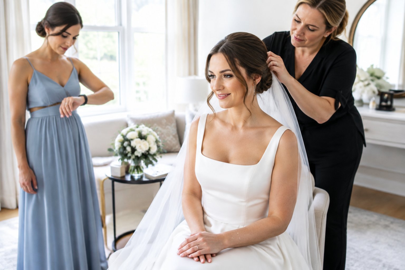 A bride sits calmly as a stylist adjusts her veil while an attendant checks the time.