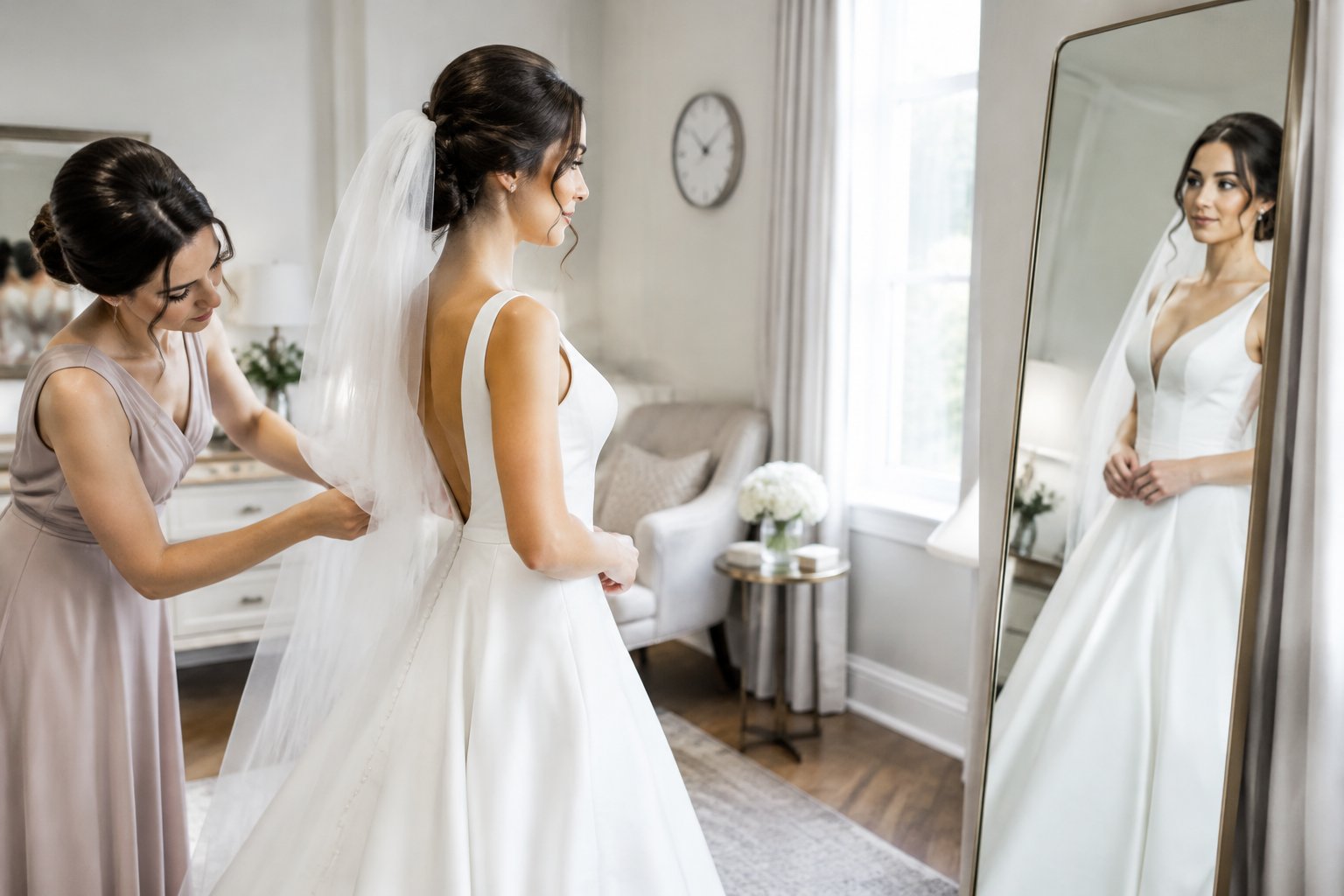 A bride checks her wedding dress in a mirror as an attendant makes a final adjustment.