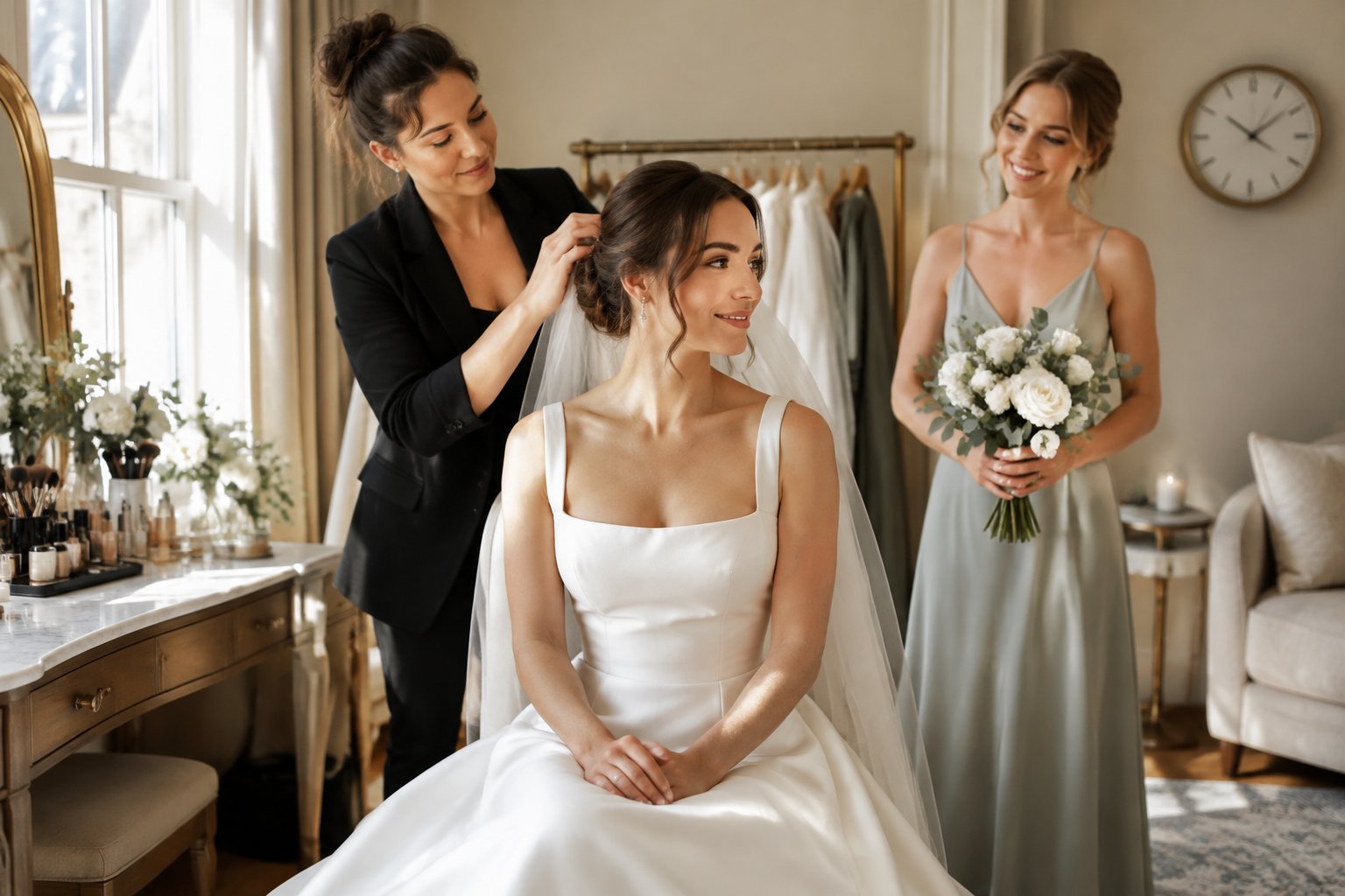 A bride has her veil adjusted as a bridesmaid checks the time in a bridal suite.