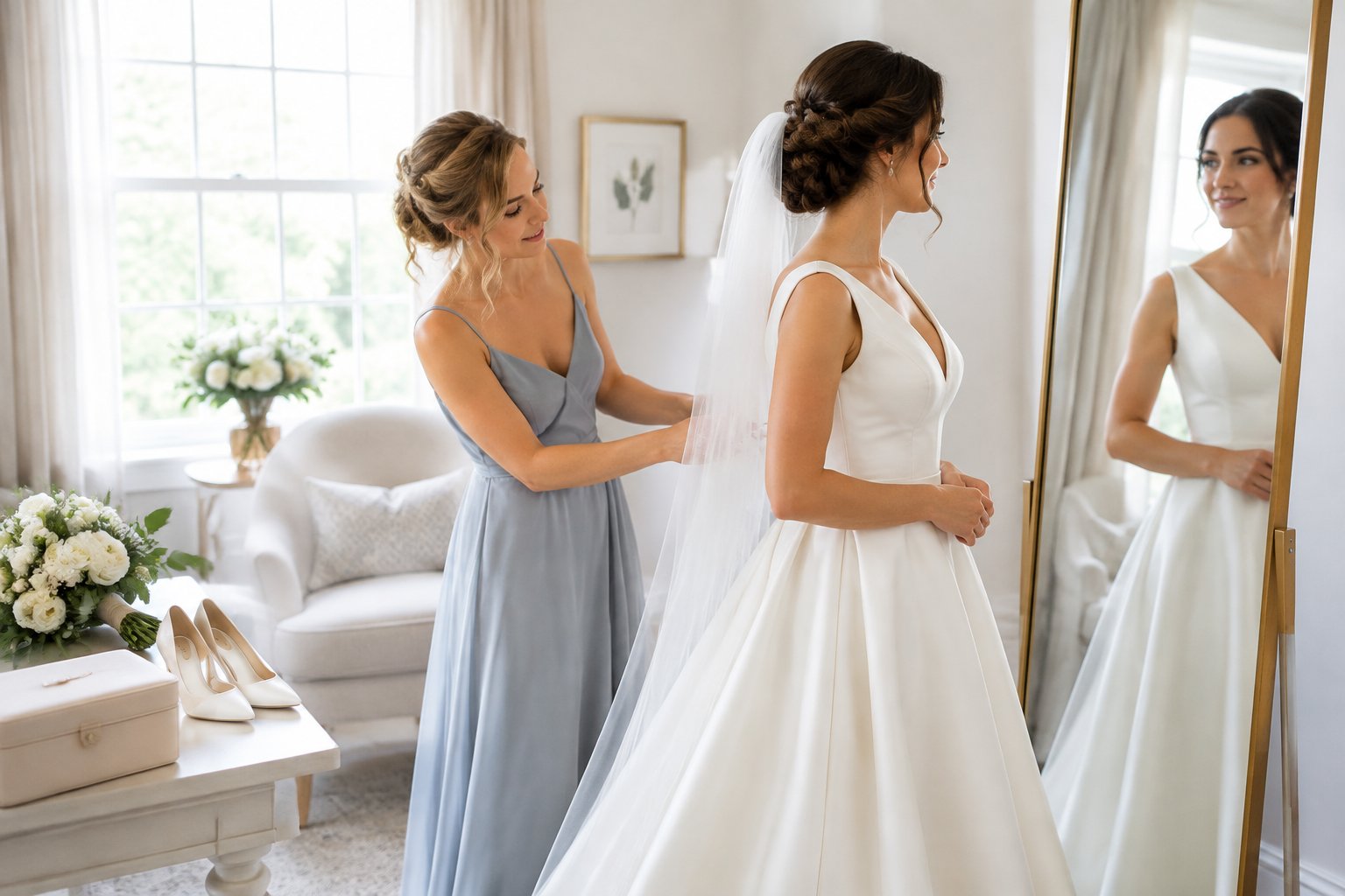A bride checks her reflection as a bridesmaid adjusts her dress in a bright bridal suite.