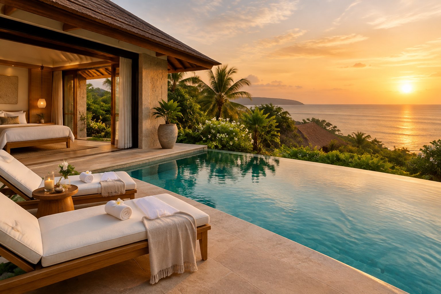 A secluded resort villa opens onto a private pool beside a tropical garden and ocean.