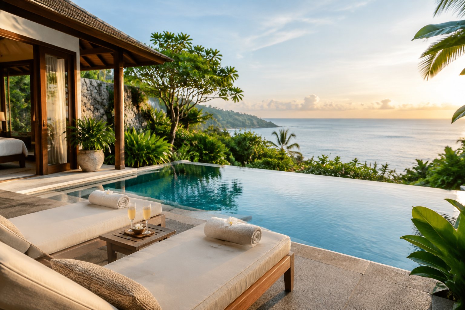 A private resort pool beside a tropical villa overlooking the ocean.