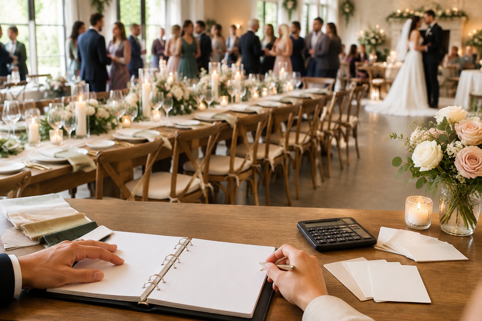 A couple reviews wedding plans beside a reception table prepared for guests.