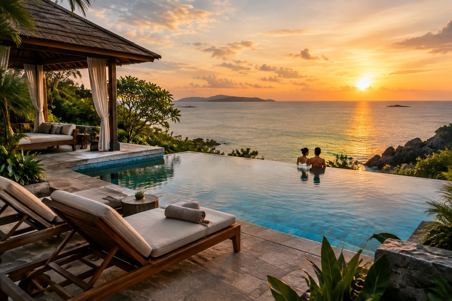 Two newlyweds relax beside a private infinity pool overlooking the sea.