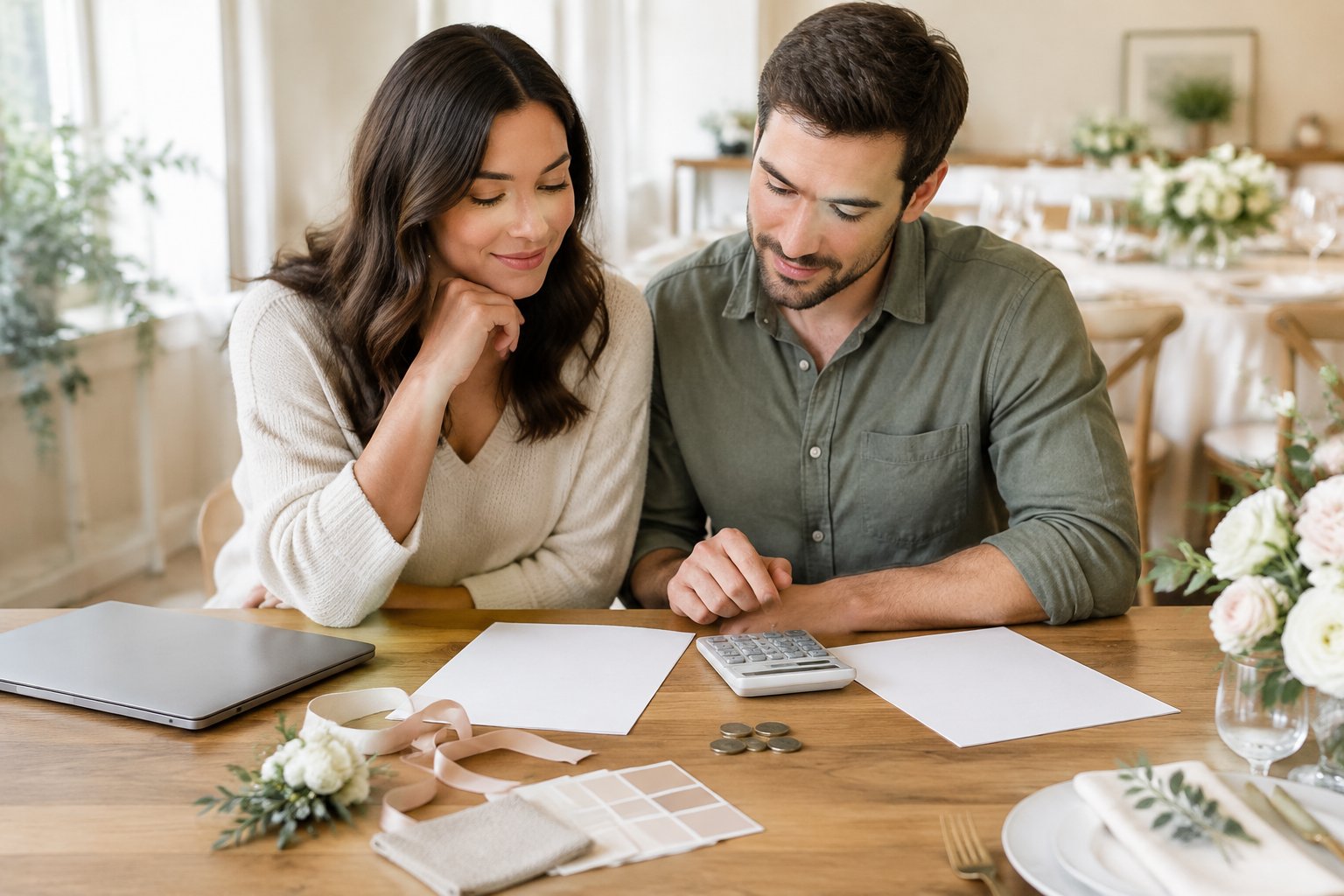 A couple reviews wedding expenses at a table with a calculator and planning materials.