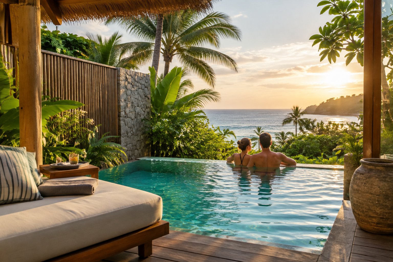 A couple relaxes beside a private pool at a tropical resort.