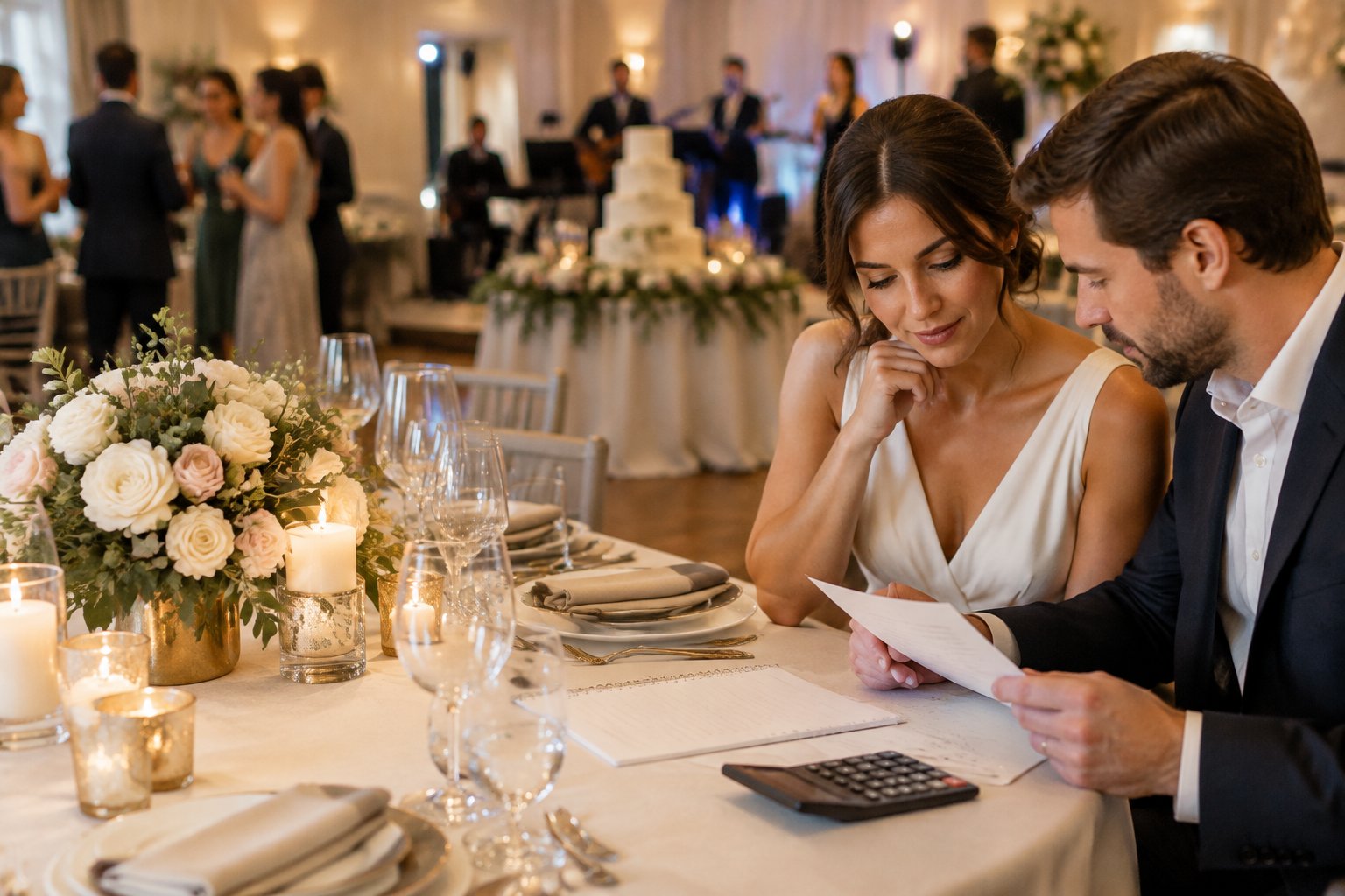 A couple reviews wedding expenses beside a decorated reception table.