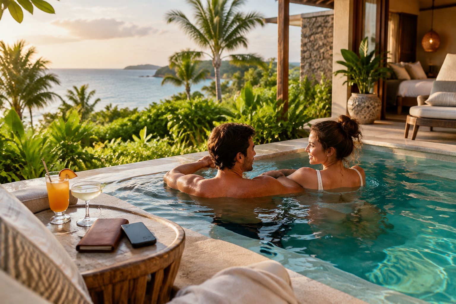 A couple relaxes beside their private resort pool with a travel wallet and drinks nearby.