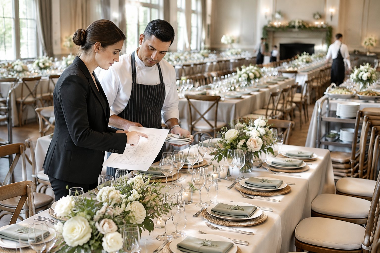 A wedding planner and caterer prepare place settings for a large wedding reception.