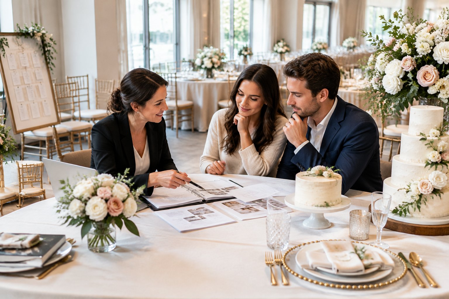 A couple and wedding planner compare reception options at a table.